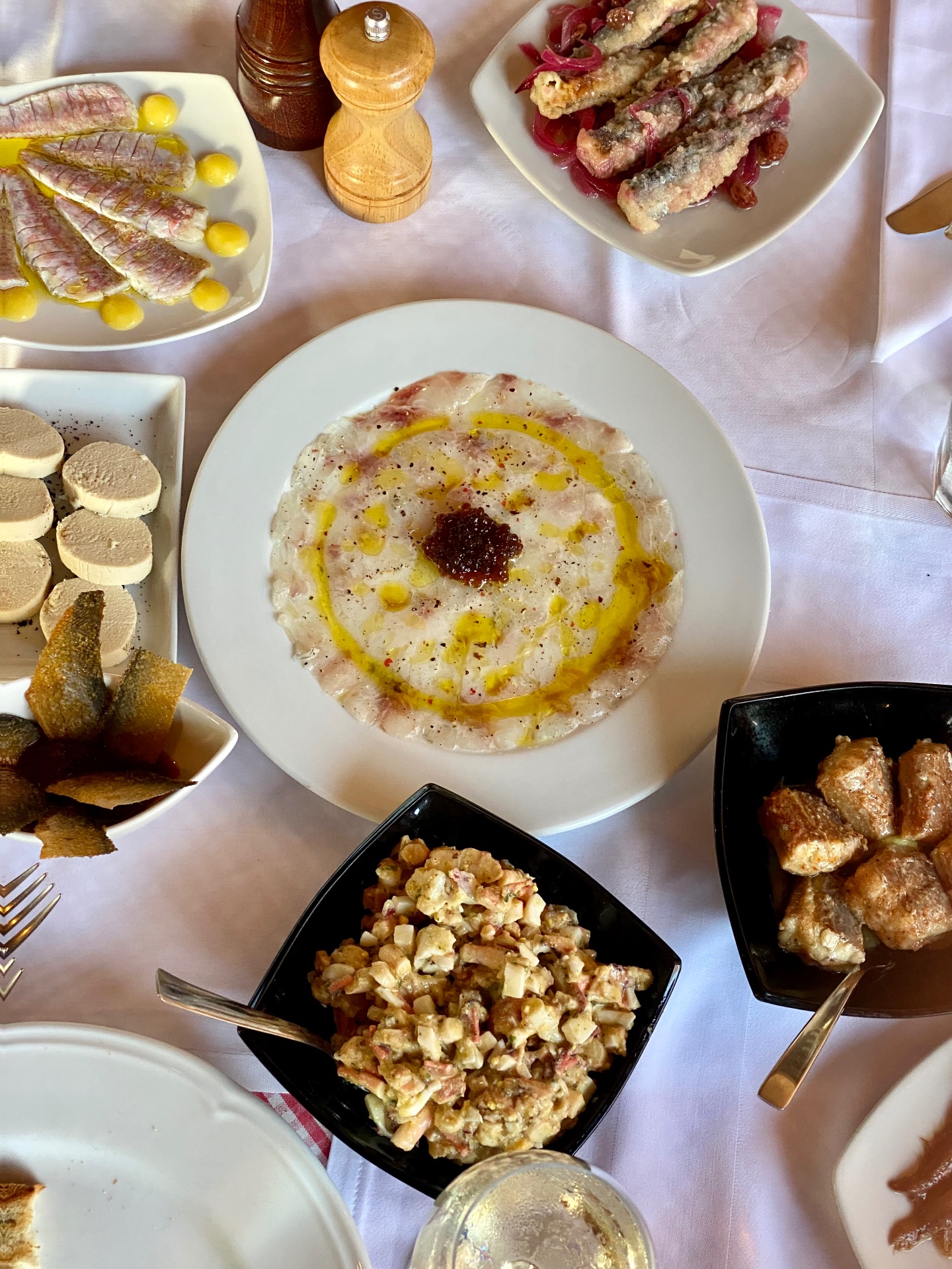 Spread of Istrian seafood plates with carpaccio, anchovies and fresh fish